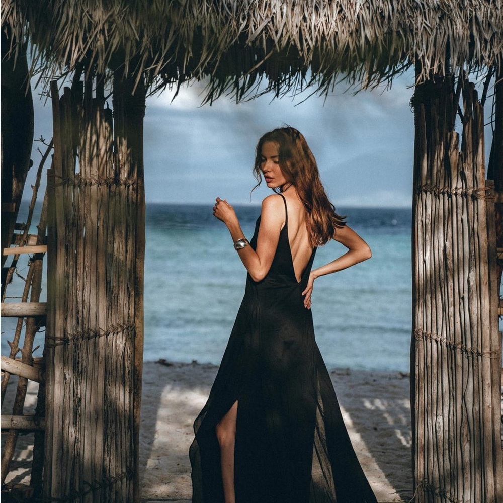 Aya Sacred Wear black open back maxi dress